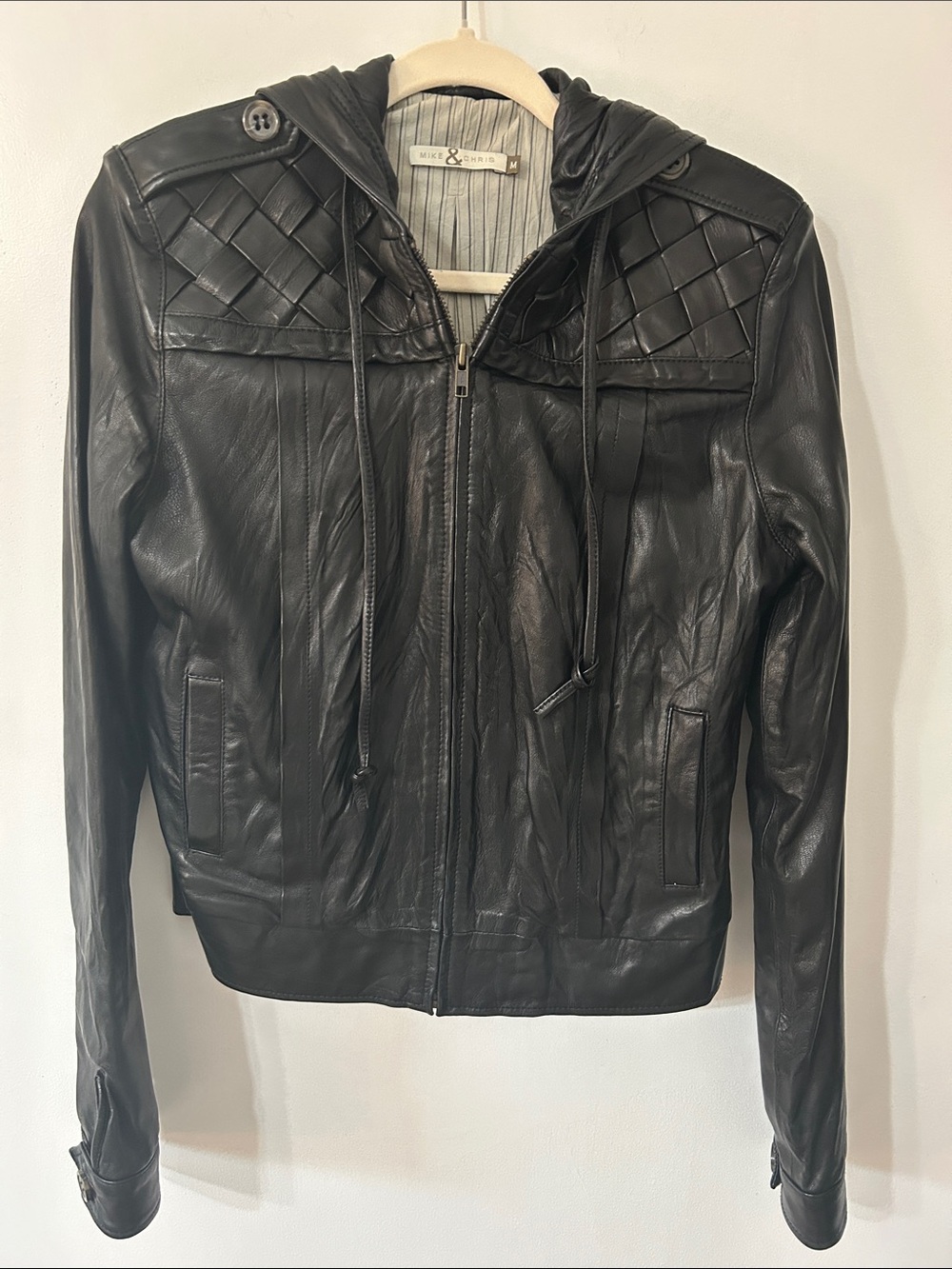 Mike & Chris Leather Chapman Jacket Black Hooded Lattice Shoulder Detail Size M